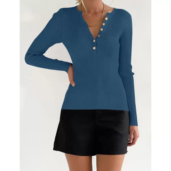 imageZESICA Womens 2023 Long Sleeve Button Down V Neck Slim Fitted T Shirts Fall Casual Ribbed Knit Basic Tee TopsGreyblue