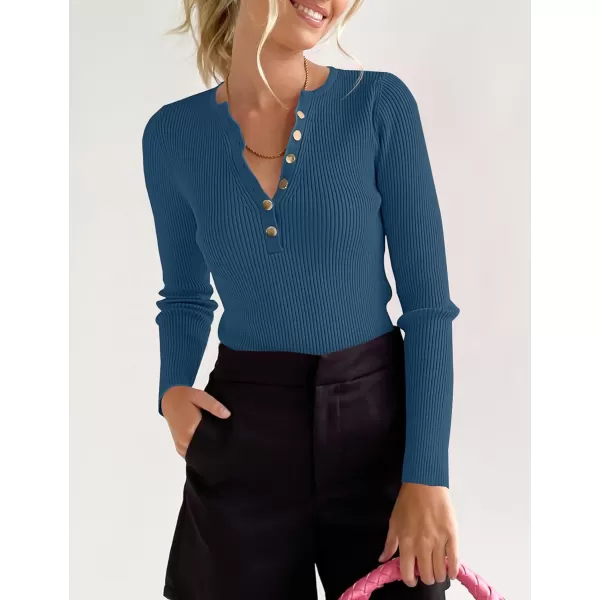 imageZESICA Womens 2023 Long Sleeve Button Down V Neck Slim Fitted T Shirts Fall Casual Ribbed Knit Basic Tee TopsGreyblue