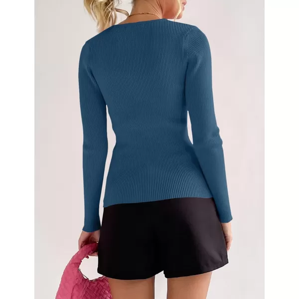 imageZESICA Womens 2023 Long Sleeve Button Down V Neck Slim Fitted T Shirts Fall Casual Ribbed Knit Basic Tee TopsGreyblue