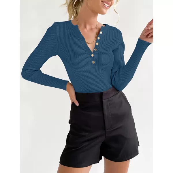 imageZESICA Womens 2023 Long Sleeve Button Down V Neck Slim Fitted T Shirts Fall Casual Ribbed Knit Basic Tee TopsGreyblue