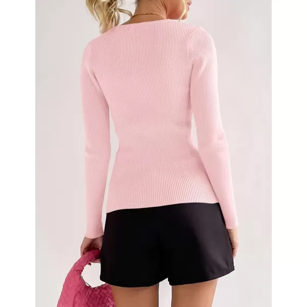 imageZESICA Womens 2023 Long Sleeve Button Down V Neck Slim Fitted T Shirts Fall Casual Ribbed Knit Basic Tee TopsPink