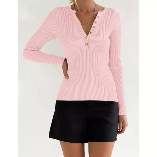 imageZESICA Womens 2023 Long Sleeve Button Down V Neck Slim Fitted T Shirts Fall Casual Ribbed Knit Basic Tee TopsPink