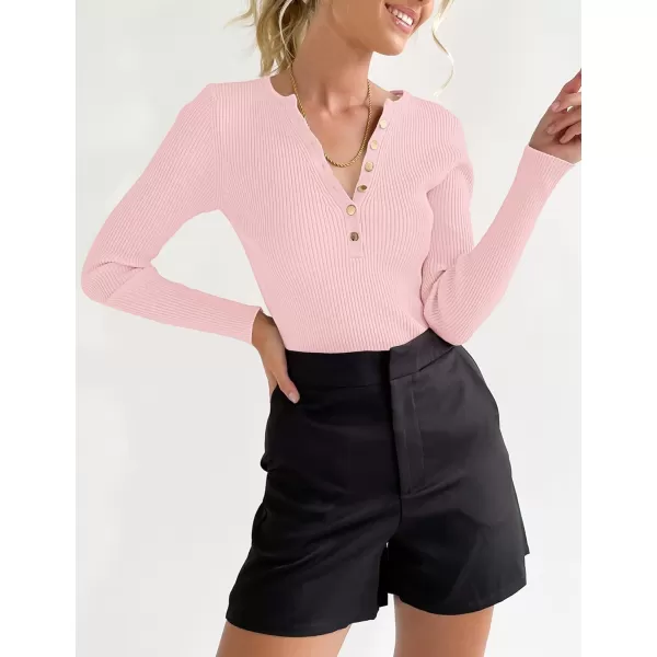 imageZESICA Womens 2023 Long Sleeve Button Down V Neck Slim Fitted T Shirts Fall Casual Ribbed Knit Basic Tee TopsPink