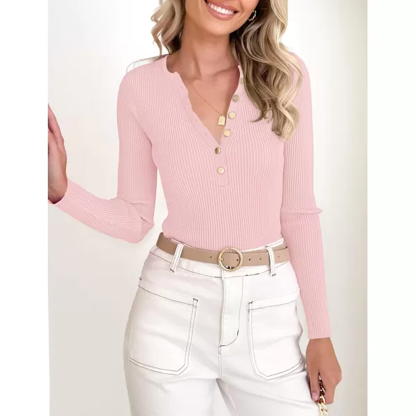 imageZESICA Womens 2023 Long Sleeve Button Down V Neck Slim Fitted T Shirts Fall Casual Ribbed Knit Basic Tee TopsPink