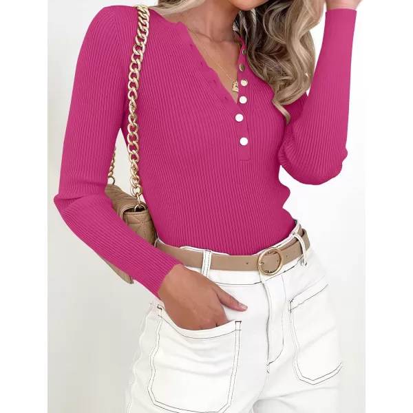 imageZESICA Womens 2023 Long Sleeve Button Down V Neck Slim Fitted T Shirts Fall Casual Ribbed Knit Basic Tee TopsRose