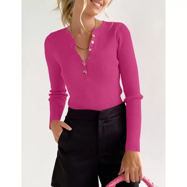 imageZESICA Womens 2023 Long Sleeve Button Down V Neck Slim Fitted T Shirts Fall Casual Ribbed Knit Basic Tee TopsRose