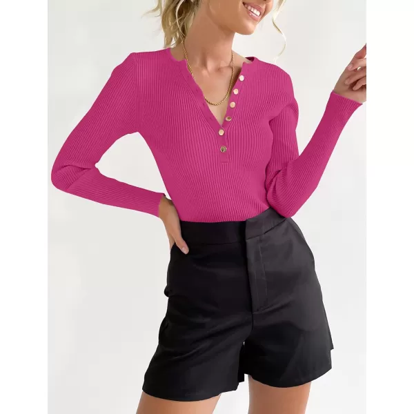 imageZESICA Womens 2023 Long Sleeve Button Down V Neck Slim Fitted T Shirts Fall Casual Ribbed Knit Basic Tee TopsRose