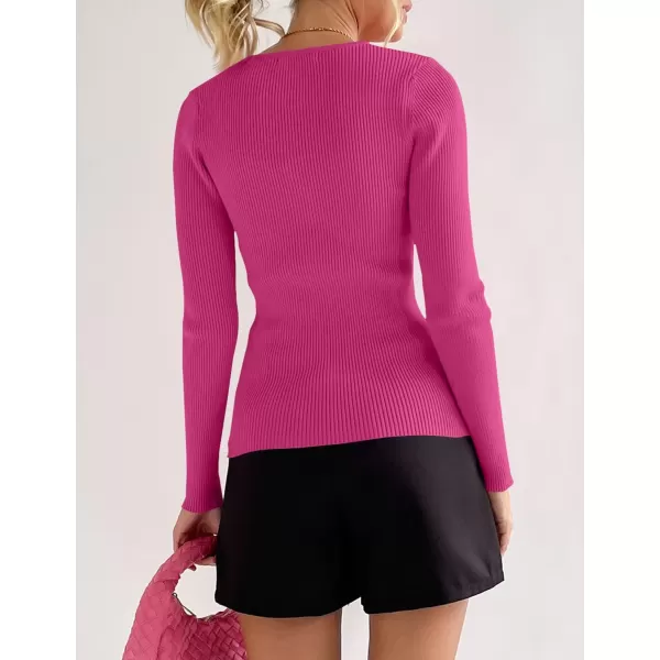 imageZESICA Womens 2023 Long Sleeve Button Down V Neck Slim Fitted T Shirts Fall Casual Ribbed Knit Basic Tee TopsRose