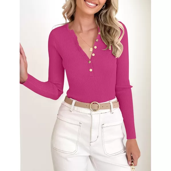 imageZESICA Womens 2023 Long Sleeve Button Down V Neck Slim Fitted T Shirts Fall Casual Ribbed Knit Basic Tee TopsRose