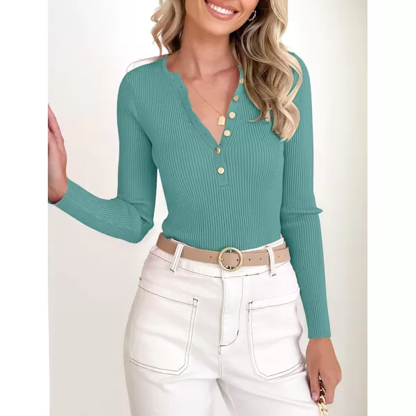 imageZESICA Womens 2023 Long Sleeve Button Down V Neck Slim Fitted T Shirts Fall Casual Ribbed Knit Basic Tee TopsSage