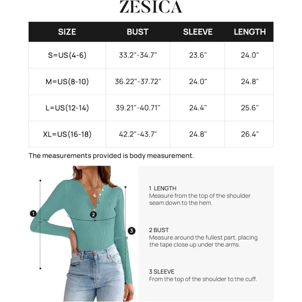 imageZESICA Womens 2023 Long Sleeve Button Down V Neck Slim Fitted T Shirts Fall Casual Ribbed Knit Basic Tee TopsSage