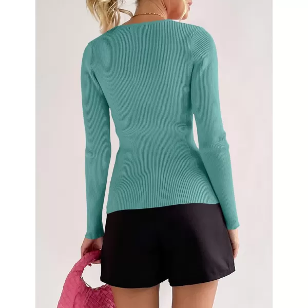 imageZESICA Womens 2023 Long Sleeve Button Down V Neck Slim Fitted T Shirts Fall Casual Ribbed Knit Basic Tee TopsSage