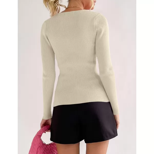 imageZESICA Womens 2023 Long Sleeve Button Down V Neck Slim Fitted T Shirts Fall Casual Ribbed Knit Basic Tee TopsSand