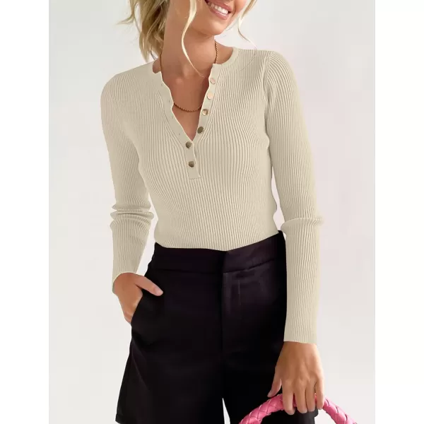 imageZESICA Womens 2023 Long Sleeve Button Down V Neck Slim Fitted T Shirts Fall Casual Ribbed Knit Basic Tee TopsSand