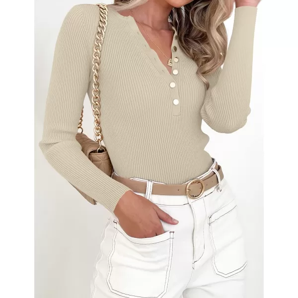 imageZESICA Womens 2023 Long Sleeve Button Down V Neck Slim Fitted T Shirts Fall Casual Ribbed Knit Basic Tee TopsSand
