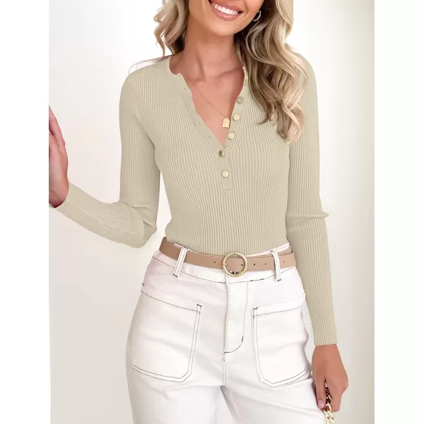 imageZESICA Womens 2023 Long Sleeve Button Down V Neck Slim Fitted T Shirts Fall Casual Ribbed Knit Basic Tee TopsSand