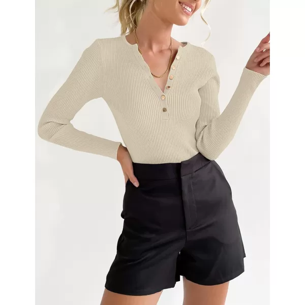 imageZESICA Womens 2023 Long Sleeve Button Down V Neck Slim Fitted T Shirts Fall Casual Ribbed Knit Basic Tee TopsSand