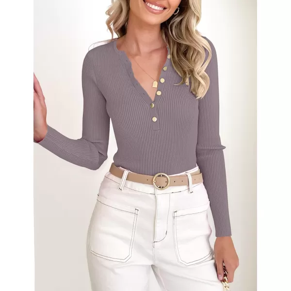 imageZESICA Womens 2023 Long Sleeve Button Down V Neck Slim Fitted T Shirts Fall Casual Ribbed Knit Basic Tee TopsTaro