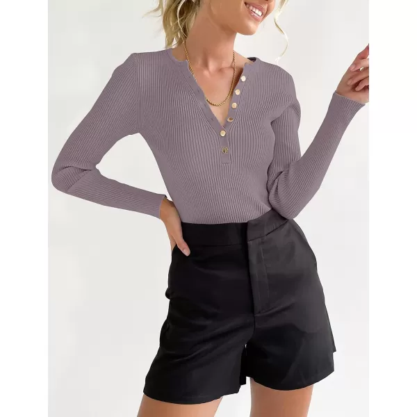 imageZESICA Womens 2023 Long Sleeve Button Down V Neck Slim Fitted T Shirts Fall Casual Ribbed Knit Basic Tee TopsTaro