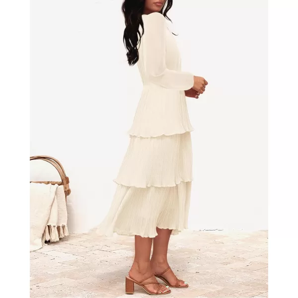 imageZESICA Womens 2023 Long Sleeve Crew Neck Ruffle Tiered Layered Chiffon Flowy Swing Long Midi DressApricot