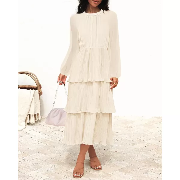 imageZESICA Womens 2023 Long Sleeve Crew Neck Ruffle Tiered Layered Chiffon Flowy Swing Long Midi DressApricot