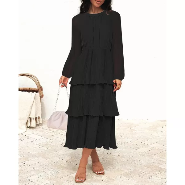 imageZESICA Womens 2023 Long Sleeve Crew Neck Ruffle Tiered Layered Chiffon Flowy Swing Long Midi DressBlack