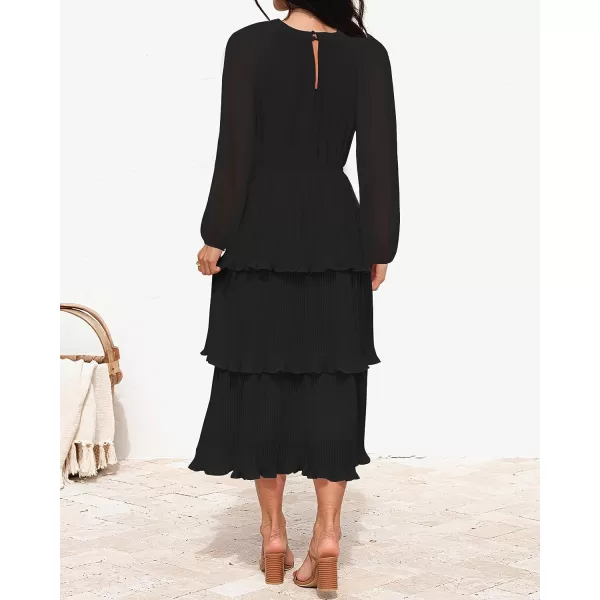 imageZESICA Womens 2023 Long Sleeve Crew Neck Ruffle Tiered Layered Chiffon Flowy Swing Long Midi DressBlack