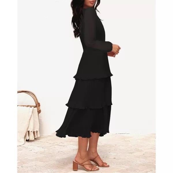 imageZESICA Womens 2023 Long Sleeve Crew Neck Ruffle Tiered Layered Chiffon Flowy Swing Long Midi DressBlack