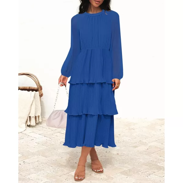 imageZESICA Womens 2023 Long Sleeve Crew Neck Ruffle Tiered Layered Chiffon Flowy Swing Long Midi DressBlue