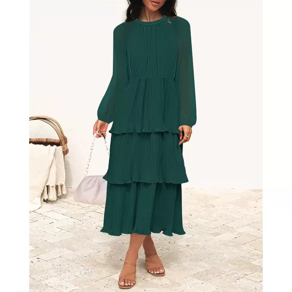 imageZESICA Womens 2023 Long Sleeve Crew Neck Ruffle Tiered Layered Chiffon Flowy Swing Long Midi DressDarkgreen