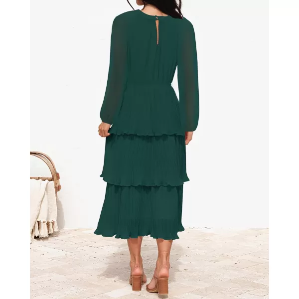 imageZESICA Womens 2023 Long Sleeve Crew Neck Ruffle Tiered Layered Chiffon Flowy Swing Long Midi DressDarkgreen