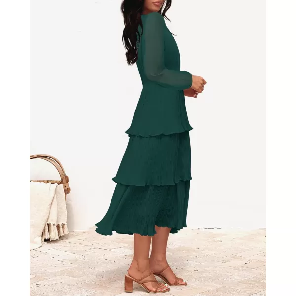 imageZESICA Womens 2023 Long Sleeve Crew Neck Ruffle Tiered Layered Chiffon Flowy Swing Long Midi DressDarkgreen