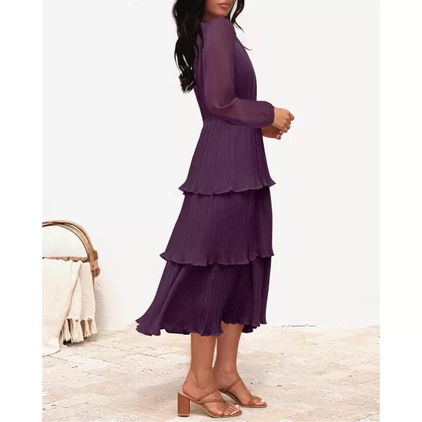 imageZESICA Womens 2023 Long Sleeve Crew Neck Ruffle Tiered Layered Chiffon Flowy Swing Long Midi DressDarkpurple