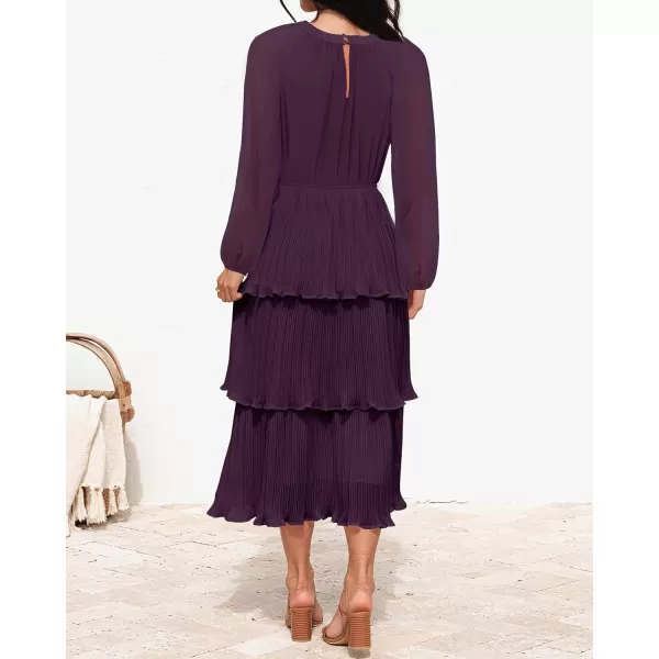 imageZESICA Womens 2023 Long Sleeve Crew Neck Ruffle Tiered Layered Chiffon Flowy Swing Long Midi DressDarkpurple