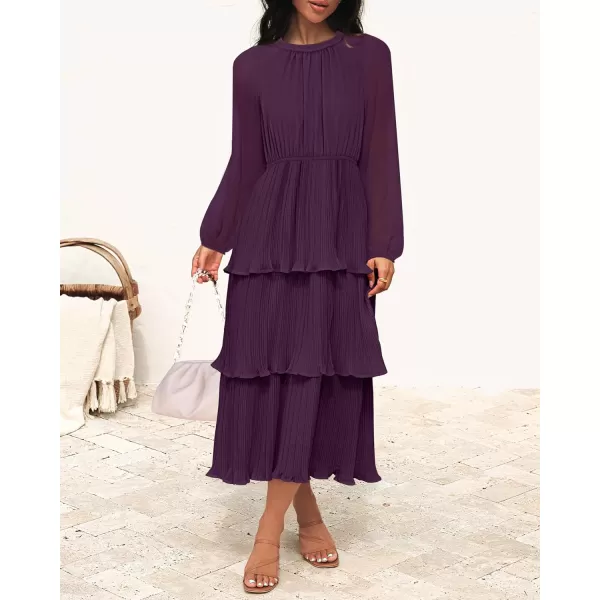imageZESICA Womens 2023 Long Sleeve Crew Neck Ruffle Tiered Layered Chiffon Flowy Swing Long Midi DressDarkpurple