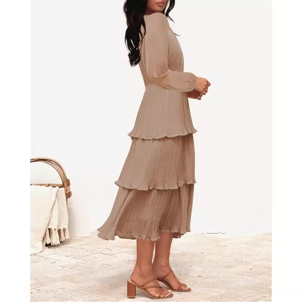 imageZESICA Womens 2023 Long Sleeve Crew Neck Ruffle Tiered Layered Chiffon Flowy Swing Long Midi DressKhaki