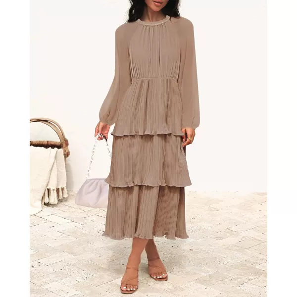imageZESICA Womens 2023 Long Sleeve Crew Neck Ruffle Tiered Layered Chiffon Flowy Swing Long Midi DressKhaki