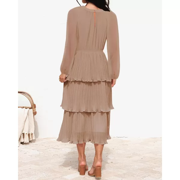 imageZESICA Womens 2023 Long Sleeve Crew Neck Ruffle Tiered Layered Chiffon Flowy Swing Long Midi DressKhaki