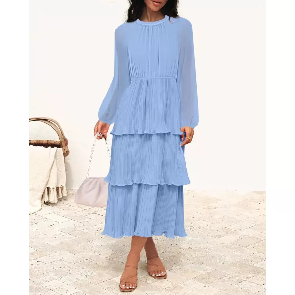 imageZESICA Womens 2023 Long Sleeve Crew Neck Ruffle Tiered Layered Chiffon Flowy Swing Long Midi DressLightblue