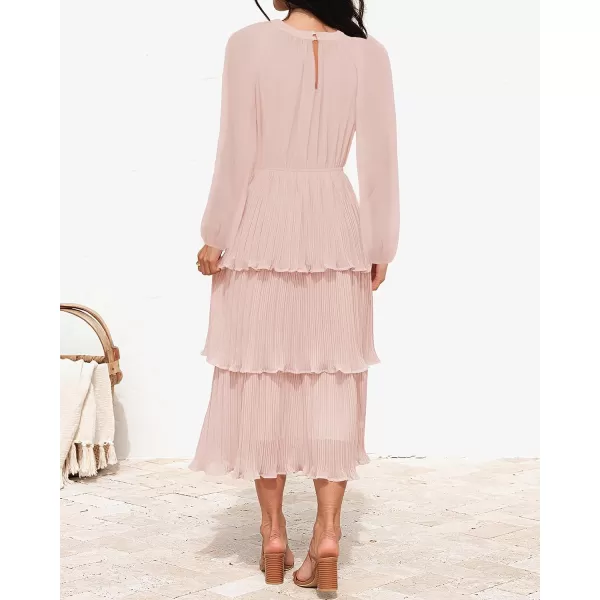 imageZESICA Womens 2023 Long Sleeve Crew Neck Ruffle Tiered Layered Chiffon Flowy Swing Long Midi DressPink