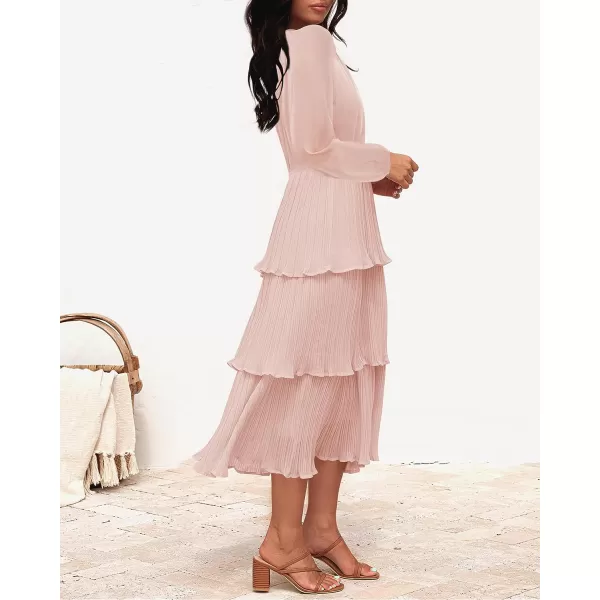 imageZESICA Womens 2023 Long Sleeve Crew Neck Ruffle Tiered Layered Chiffon Flowy Swing Long Midi DressPink