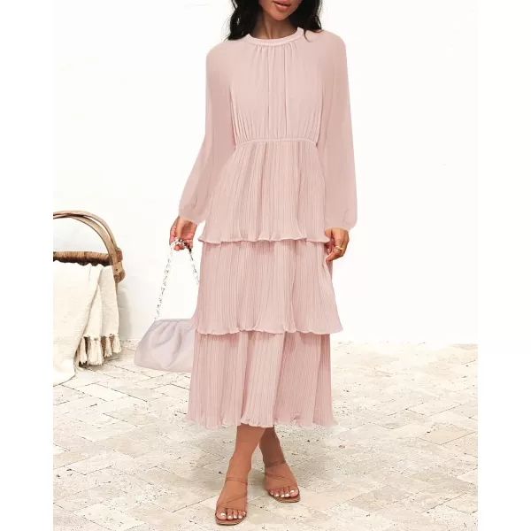 imageZESICA Womens 2023 Long Sleeve Crew Neck Ruffle Tiered Layered Chiffon Flowy Swing Long Midi DressPink