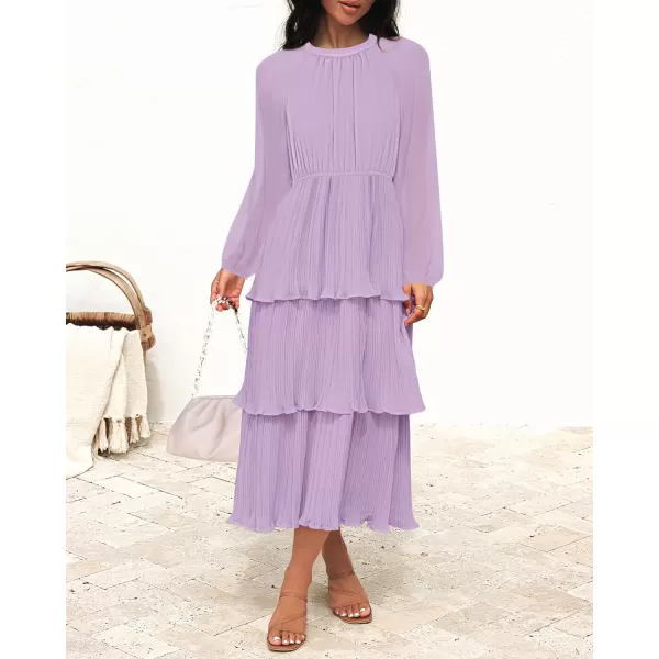 imageZESICA Womens 2023 Long Sleeve Crew Neck Ruffle Tiered Layered Chiffon Flowy Swing Long Midi DressPurple