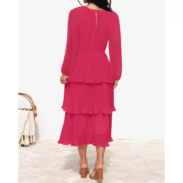 imageZESICA Womens 2023 Long Sleeve Crew Neck Ruffle Tiered Layered Chiffon Flowy Swing Long Midi DressRose