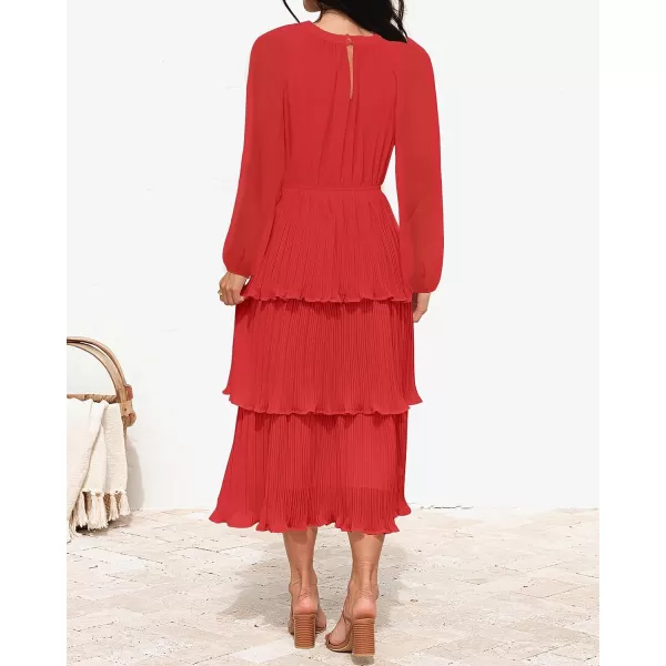 imageZESICA Womens 2023 Long Sleeve Crew Neck Ruffle Tiered Layered Chiffon Flowy Swing Long Midi DressWatermelon