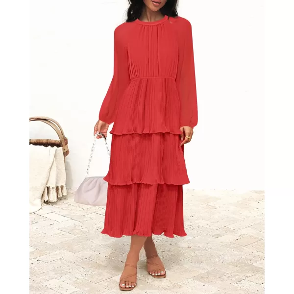 imageZESICA Womens 2023 Long Sleeve Crew Neck Ruffle Tiered Layered Chiffon Flowy Swing Long Midi DressWatermelon