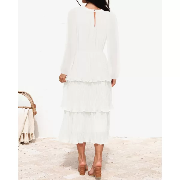 imageZESICA Womens 2023 Long Sleeve Crew Neck Ruffle Tiered Layered Chiffon Flowy Swing Long Midi DressWhite