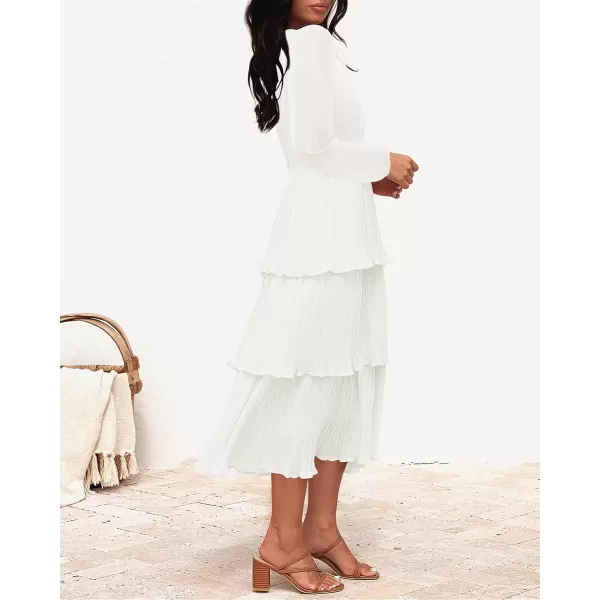 imageZESICA Womens 2023 Long Sleeve Crew Neck Ruffle Tiered Layered Chiffon Flowy Swing Long Midi DressWhite