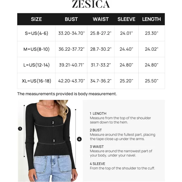 imageZESICA Womens 2023 Long Sleeve Square Neck T Shirts Slim Fitted Elegant Fall Ribbed Knit Casual Tee TopsBlack