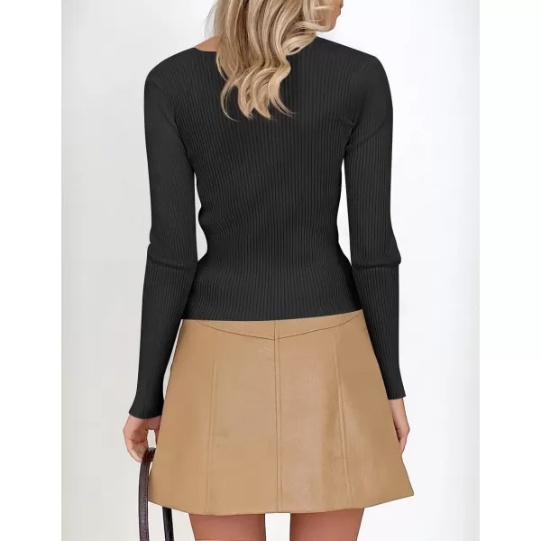 imageZESICA Womens 2023 Long Sleeve Square Neck T Shirts Slim Fitted Elegant Fall Ribbed Knit Casual Tee TopsBlack